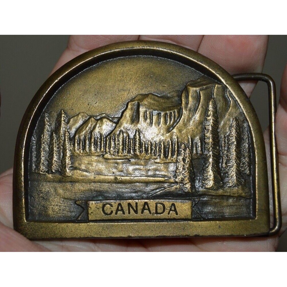 Vintage 1976 CANADA Forest Mountains Brass Tone Heavy Belt Buckle Rare